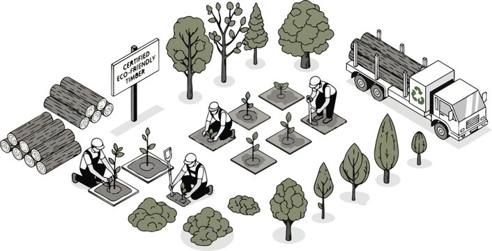 Sustainable Forestry and Reforestation Isometric Illustration with Workers Planting Trees for Certified Eco-Friendly Timber Production