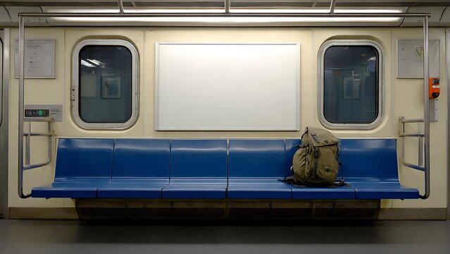 Empty Subway Train Seat with Backpack and Blank Advertisement Space.