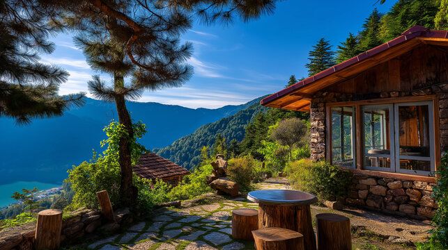 AI generator images of tranquil retreat surrounded by mountain and tree views, this cottage-style resort, constructed from stone and wood, is nestled amidst stunning mountain scenery.