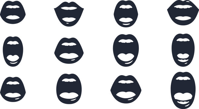 Collection of twelve black and white mouth silhouettes in various open positions for speech animation.