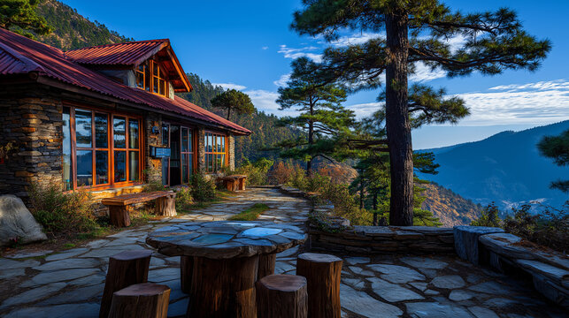 AI generator images of tranquil retreat surrounded by mountain and tree views, this cottage-style resort, constructed from stone and wood, is nestled amidst stunning mountain scenery.
