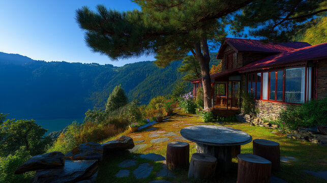 AI generator images of tranquil retreat surrounded by mountain and tree views, this cottage-style resort, constructed from stone and wood, is nestled amidst stunning mountain scenery.