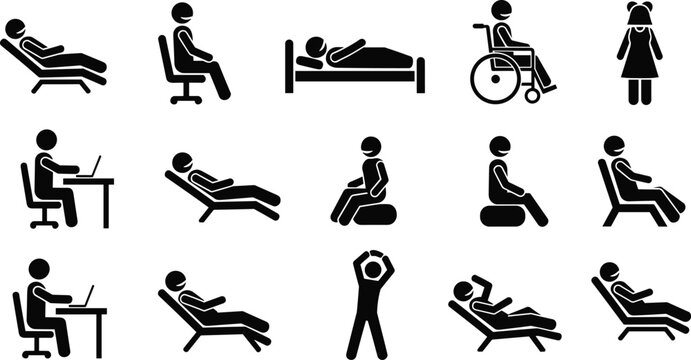Human body posture icons, sitting standing reclining positions, ergonomics symbols, office lifestyle, healthcare mobility, wheelchair, daily activities, vector illustration set