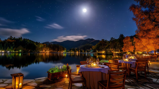 AI generator images of dining by the lake at night is beautiful and tranquil, with tables set up and adorned with lanterns around a bonfire, set against a backdrop of mountains and stars.