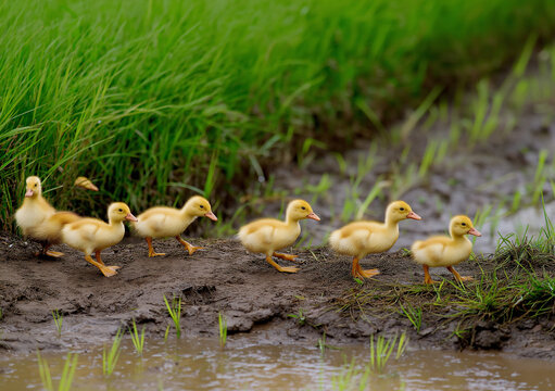AI generator images of Ducklings often follow each other in groups for safety and to learn how to find food.
Environment: Commonly found in agricultural areas, near water sources, or on farms.