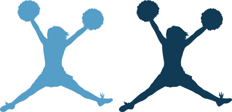 Two cheerleaders in blue silhouettes jumping with pom poms