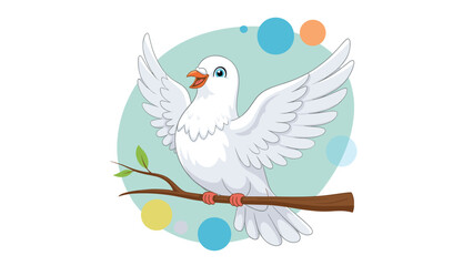 Fototapeta premium Beautiful white dove with outstretched wings perches on a tree branch against a soft blue and yellow circular background.