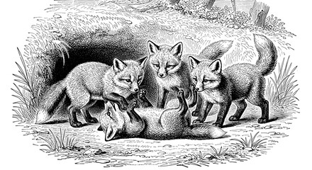 A group of curious young foxes gathered around a fallen companion in a natural setting