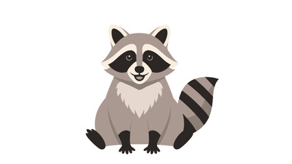 Obraz premium Cute grey and black raccoon sits with its striped tail visible and a friendly expression on its face in a simple clean character illustration.