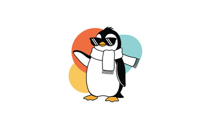 Fototapeta premium Cool cartoon penguin wearing dark sunglasses and a cozy white scarf, posing playfully against a vibrant and modern backdrop.