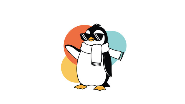 Cool cartoon penguin wearing dark sunglasses and a cozy white scarf, posing playfully against a vibrant and modern backdrop.