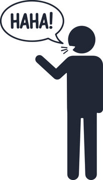 Black silhouette of a stick figure person laughing with a speech bubble saying haha