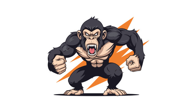 Muscular and angry gorilla roaring with clenched fists in a powerful stance against a vibrant orange and white burst background.