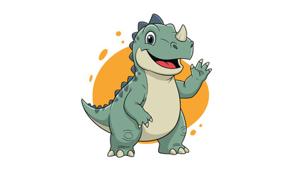 Obraz premium Friendly green dinosaur character with a single horn waves its hand cheerfully in front of a decorative orange circular background element.