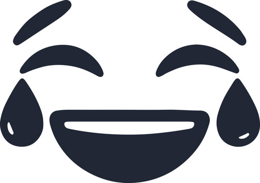 Black and white icon of a laughing emoji face with tears of joy and a wide grinning mouth