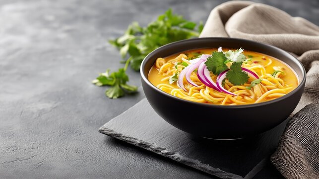 Black slate serving board with bowl of khao soi Thai soup featuring noodles, cilantro, and red onions, placed on a textured surface with a cloth nearby