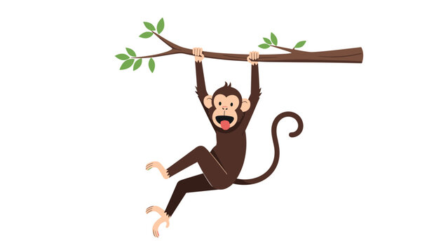 Playful brown monkey with a long curly tail hangs upside down from a tree branch with green leaves while sticking out its tongue.