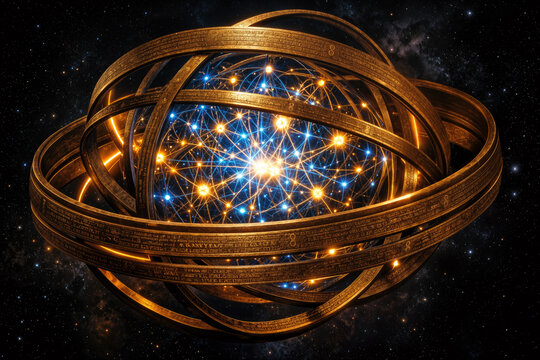 Monumental neural network core encircled by bronze regulatory rings symbolizing AI regulation sovereign AI governance accountability policy framework tech oversight ethical AI safety