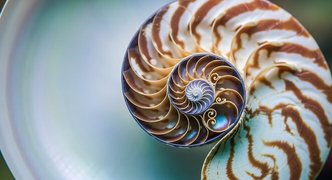 Close-up of a nautilus shell showing its perfect spiral and chambers, Fibonacci sequence