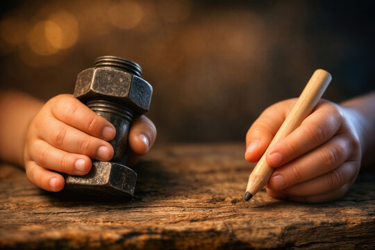 World Day Against Child Labour June 12 editorial image two child hands holding heavy industrial bolt and unsharpened pencil symbolizing child labour education rights advocacy