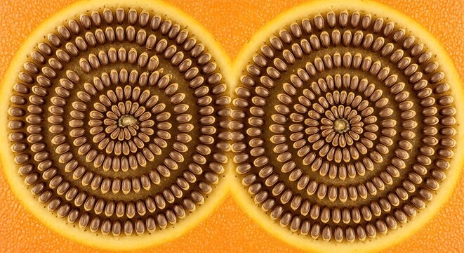 Macro view of a symmetrical orange slice showing Fibonacci spiral pattern in seeds, Fibonacci sequence