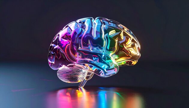 Transparent glass brain floating on dark gradient background, rainbow light refraction