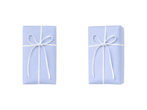Two pale blue gift boxes with white ribbons, shown from different angles	