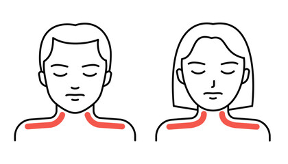 Fototapeta premium Man and woman with muscle neck pain and shoulder pain, suffering from discomfort. Medical problem, injury, or symptom concept for healthcare. Vector illustration