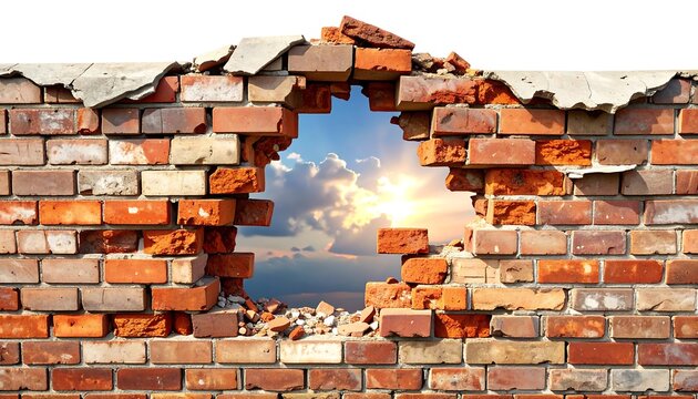 A weathered brick wall is broken open, revealing a sunlit sky with fluffy clouds and a bright sun behind