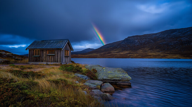 AI generator images of natural phenomenon of a rainbow arching over the lake after a rain shower, with a wooden cabin situated on the shore. The view of the lakeside cabin with the rainbow arching acr