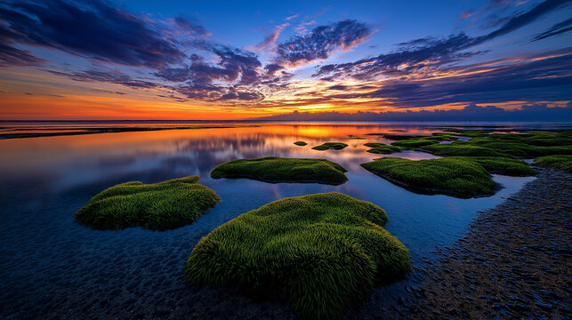 AI generator images of sun rises over the coast.
This landscape captures the first light of day, creating a sunburst effect over the sea.
The ground in the foreground is covered in lush green moss