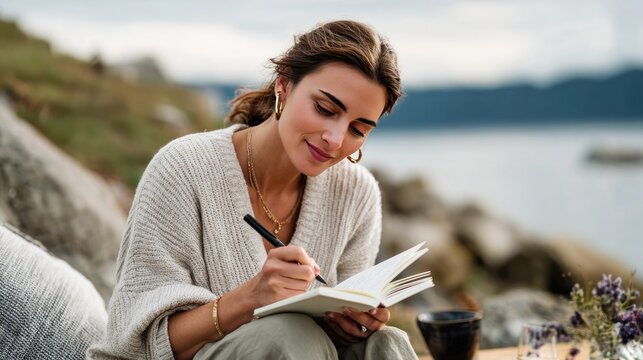 Coastal Journaling: A woman finds inspiration by the serene coast, engrossed in the act of journaling with a pen and paper, capturing thoughts. 
