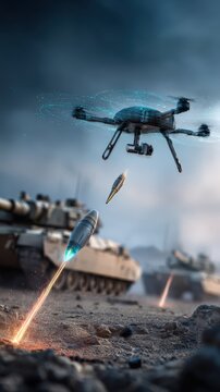 An aerial drone fires a missile in a war-torn landscape, symbolizing modern warfare technology and strategic capabilities.  ..Created with Generative AI, not depicting real subjects.