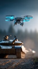 Fototapeta premium A high-tech drone hovers above the armored vehicles on a battlefield. ..Created with Generative AI, not depicting real subjects.