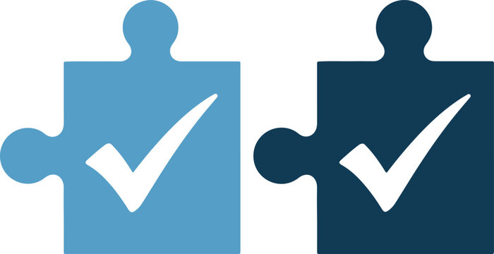 Blue and dark blue puzzle pieces with checkmarks