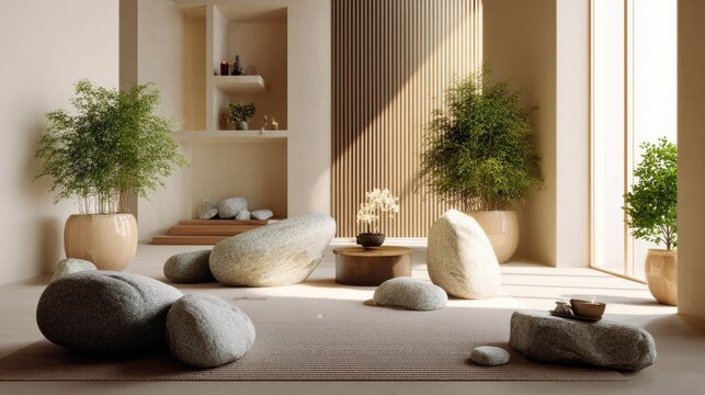Serene Sanctuary: An interior space embodies tranquility, featuring natural elements and minimalist design. A place of peace.