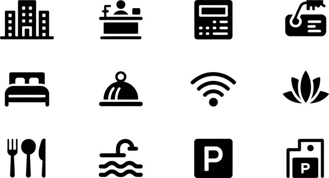 Set of travel and hotel amenities icons with transparent background