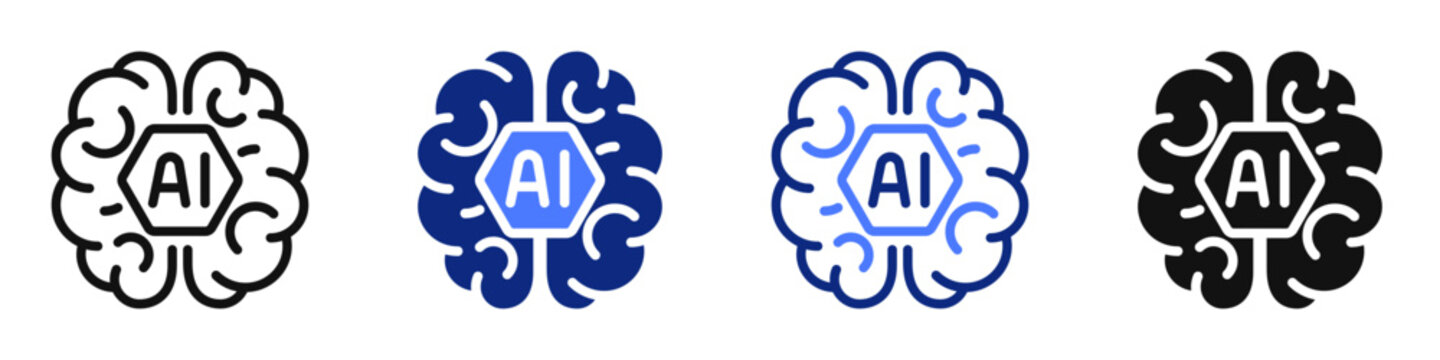 Vector icon or logo of human brain with AI chip related to artificial intelligence, machine learning, data science. Symbol for website or app UI, logo design, illustration