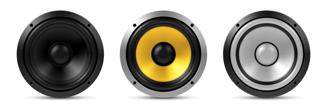 Vector icons of realistic audio speakers related to music and entertainment industry, sound equipment. Realistic illustration isolated on white background