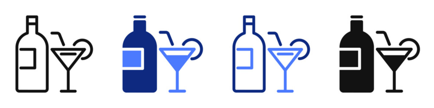 Vector icon or logo of bottle with glass related to alcohol and cocktail drinks, bar and restaurant, party and celebration. Symbol for website or app UI, logo design, illustration