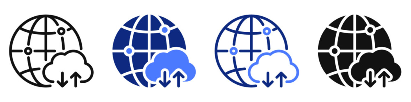 Vector icon or logo of globe with cloud symbol related to cloud computing and network technology, file transferring and sharing. Symbol for website or app UI, logo design, illustration