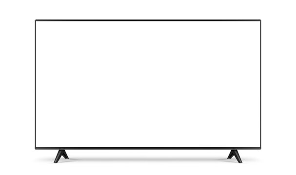 Front view of widescreen realistic TV with blank empty white screen isolated on white background