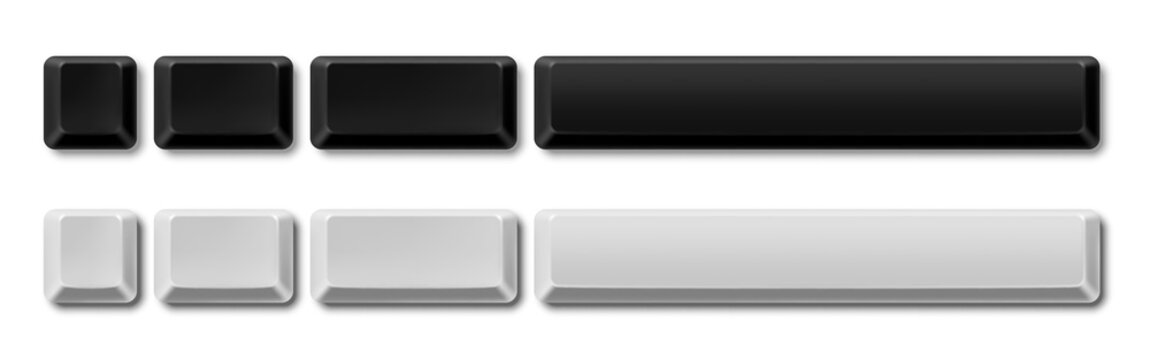 Vector blank empty computer keyboard buttons of different sizes. Black and white keys isolated on white background