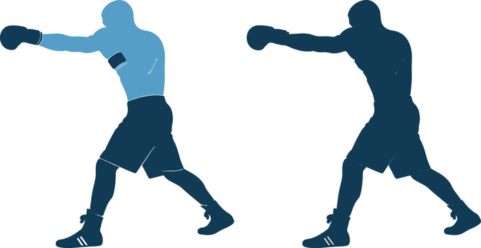 Two boxers in fighting stance with fists up in blue silhouette