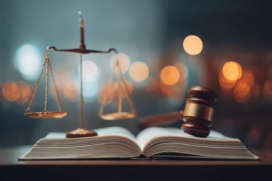 Symbol of justice scale gavel and open book on dark background