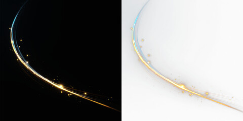 Curved magic glowing light trails with blue and gold sparkles for creative overlays png © theladydarina