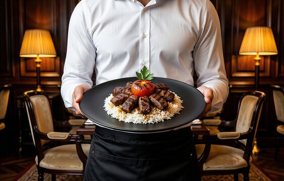 Waiter holding black plate with Chelo Kebab and rice, garnished with tomato. Concept of warm atmosphere featuring wooden paneling, enhancing dining experience with rice and grilled kebab.