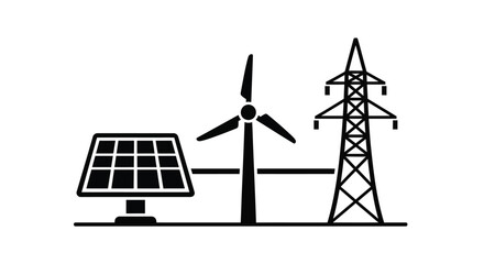 Renewable energy sources including wind solar and power lines silhouette © MSTSALINA
