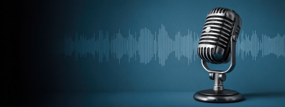 Vintage microphone on blue background recording concept audio equipment