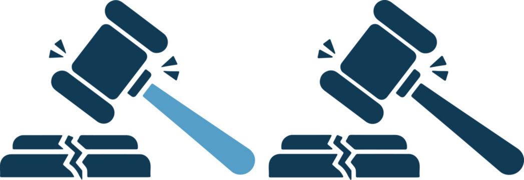 Gavel hitting book with another gavel and book beside it in blue color